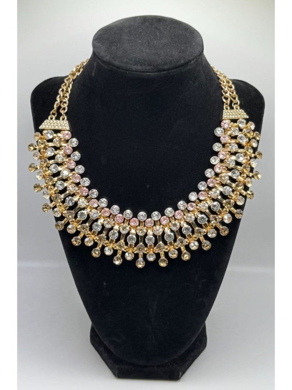 Champagne Rhinestone Statement Bib Collar Necklace Glam Luxe
